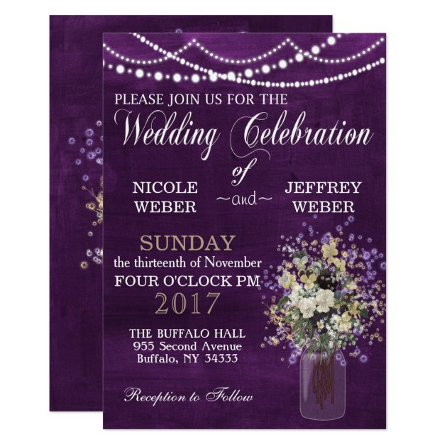 Rustic Purple Flower Country Mason Jar Wedding Invitation