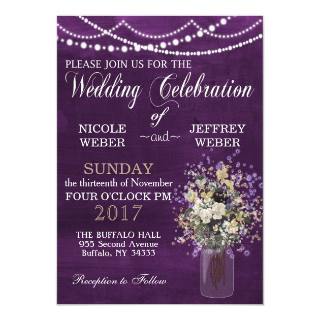 Rustic Purple Flower Country Mason Jar Wedding Invitation