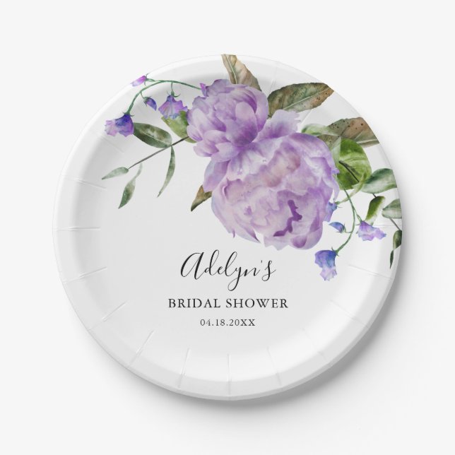 Rustic Purple Flower Greenery Bridal Shower Paper Plates (Front)