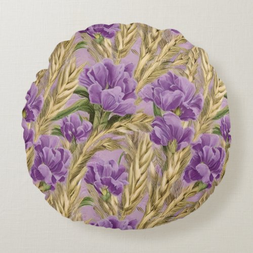 Rustic Purple Flowers Watercolour Round Pillow