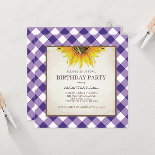 Rustic Purple Gingham Birthday Invitation