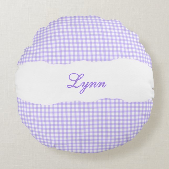 Rustic Purple Gingham Personalized Name Round Pillow (Front)