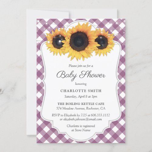 Rustic Purple Gingham Sunflower Baby Shower Invitation