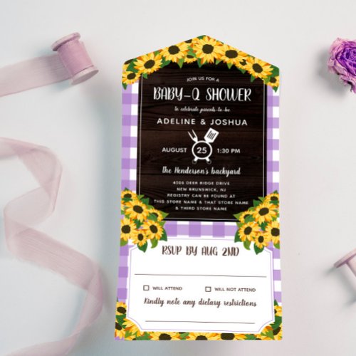 Rustic Purple Gingham Sunflowers Baby_Q Shower All In One Invitation