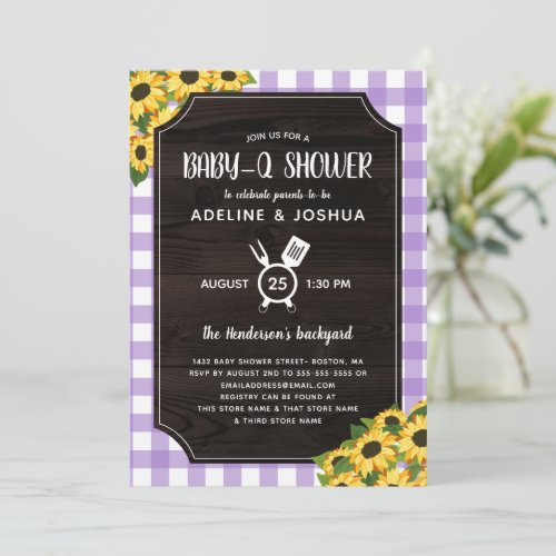 Rustic Purple Gingham Sunflowers Baby_Q Shower Invitation