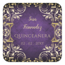 Rustic Purple Gold Elegant Quinceanera    Square Sticker