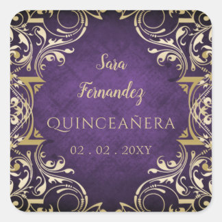 Rustic Purple Gold Elegant Quinceanera Square Sticker