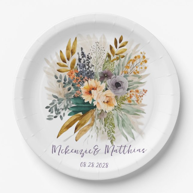 Rustic Purple Gold Peony Fall Wedding Paper Plates (Front)