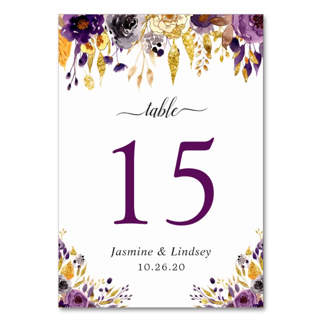 Rustic Purple Gold Watercolor Floral Wedding Table Number (Front)