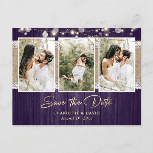 Rustic Purple Gold Wedding Photo Save The Date Announcement Postcard