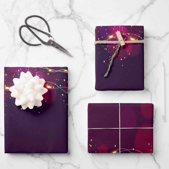 Rustic Purple gradient Gold Neon Lighting gift Wrapping Paper Sheets (Front)