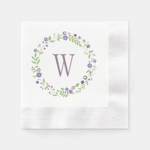 Rustic Purple Green Floral Wreath Monogram Paper Napkins