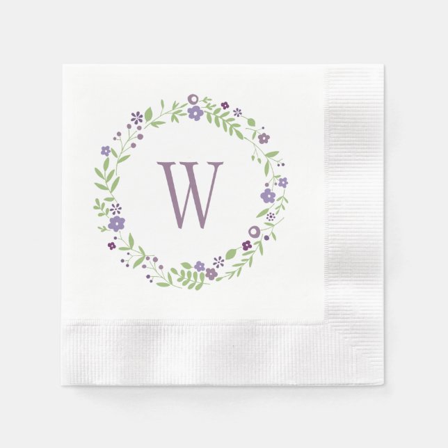 Rustic Purple Green Floral Wreath Monogram Paper Napkins (Front)