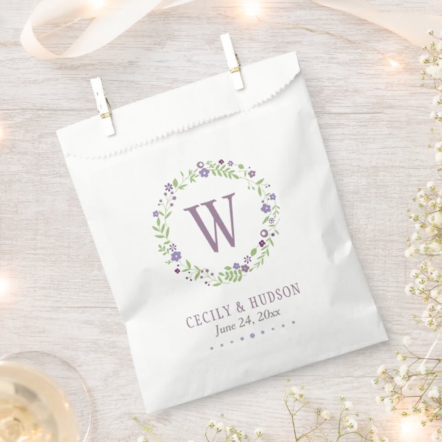 Rustic Purple Green Floral Wreath Wedding Monogram Favor Bag (Clipped)
