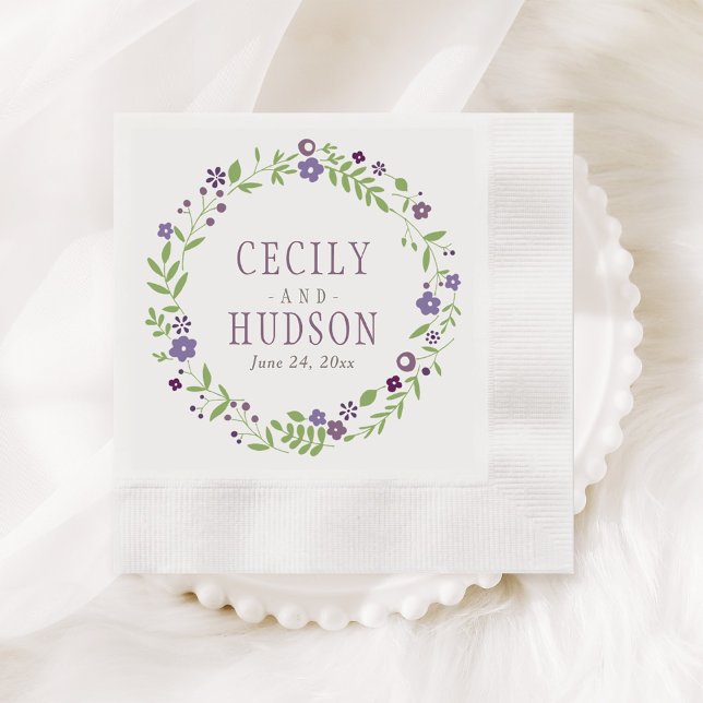 Rustic Purple Green Floral Wreath Wedding Napkins (Creator Uploaded)