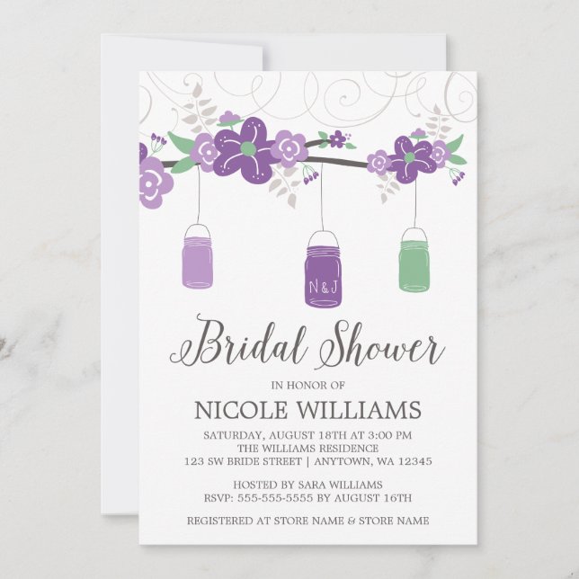 Rustic Purple Green Mason Jar Branch Bridal Shower Invitation (Front)
