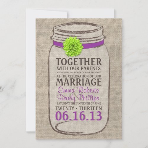 Rustic Purple  Green Mason Jar Wedding Invitation