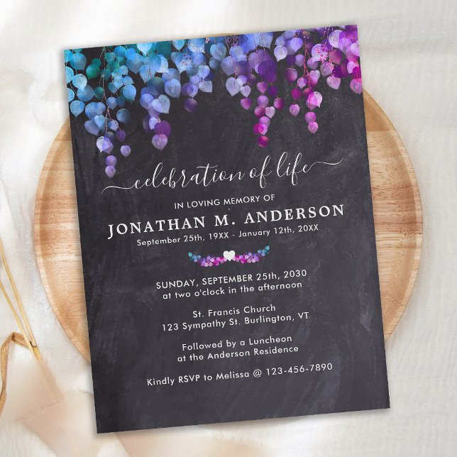 Rustic Purple Greenery Celebration Of Life Funeral Invitation Postcard (Creator Uploaded)