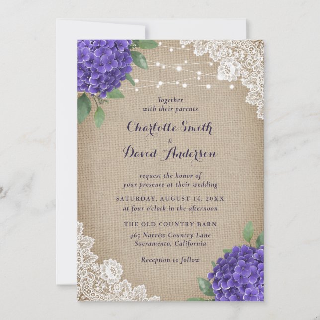 Rustic Purple Hydrangea Burlap Lace Wedding Invitation (Front)