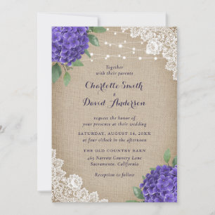 Rustic Purple Hydrangea Burlap Lace Wedding Invitation