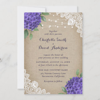 Rustic Purple Hydrangea Burlap Lace Wedding Invitation