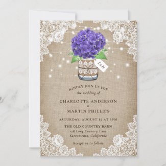 Rustic Purple Hydrangea Burlap Lace Wedding Invitation