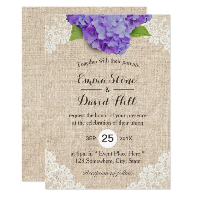 Rustic Purple Hydrangea Floral Lace Burlap Wedding Invitation