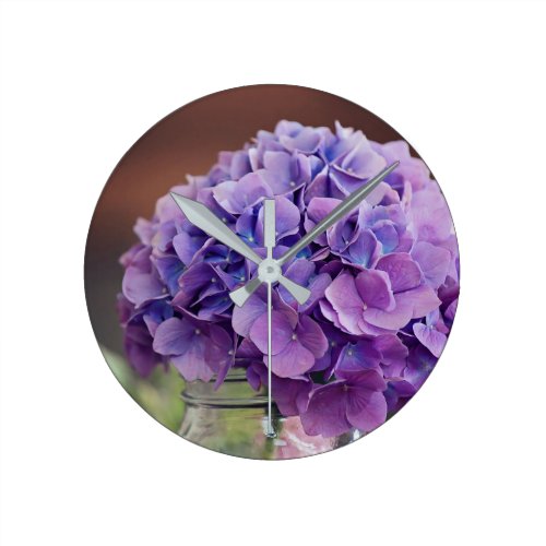 Rustic Purple Hydrangea in Mason Jar Photograph Round Clock