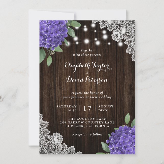 Rustic Purple Hydrangea Wedding Invitations (Front)