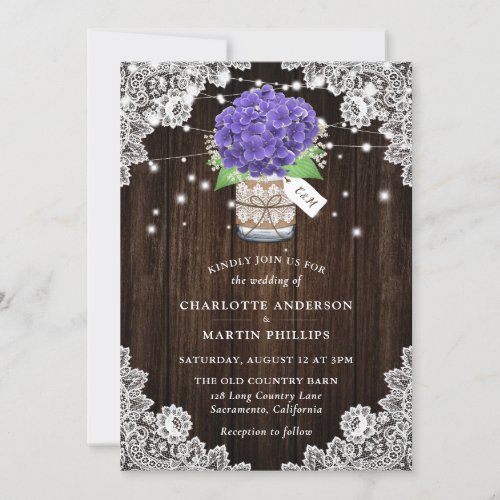 Rustic Purple Hydrangea Wood Lace Wedding Invitation