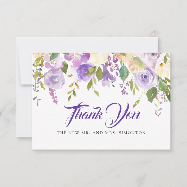 Rustic Purple Ivory White Floral Wedding Thank You Card (Front)