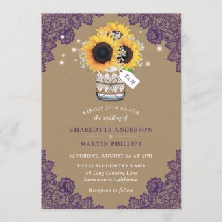 Rustic Purple Kraft Paper Sunflower Wedding Invitation