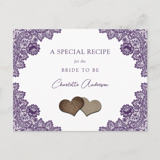 Rustic Purple Lace Bridal Shower Recipe Card (Front)