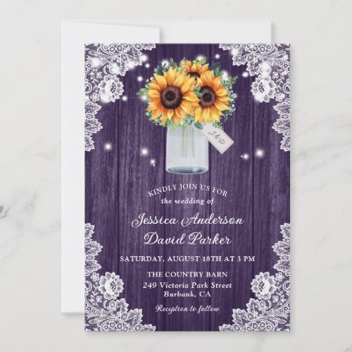 Rustic Purple Lace Mason Jar Sunflower Wedding Invitation