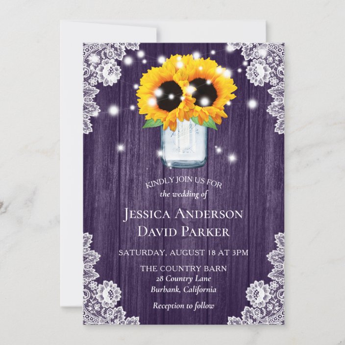 Rustic Purple Lace Mason Jar Sunflower Wedding Invitation