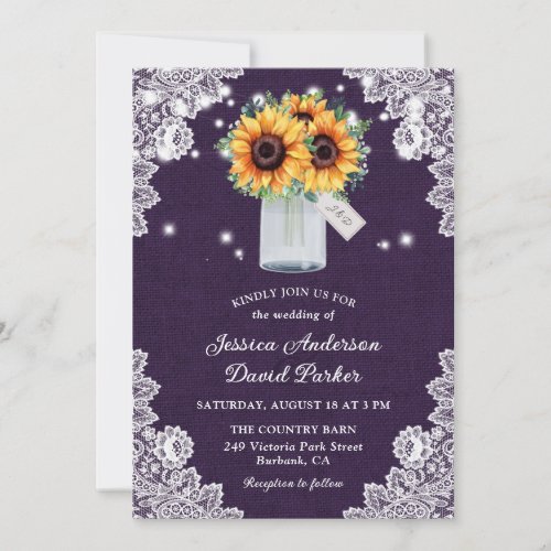 Rustic Purple Lace Mason Jar Sunflower Wedding Invitation
