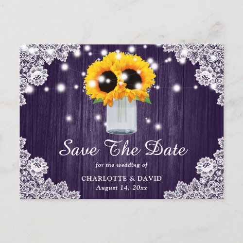 Rustic Purple Lace Sunflower Save The Date Announcement Postcard