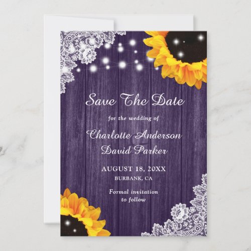 Rustic Purple Lace Sunflower Save The Date Cards