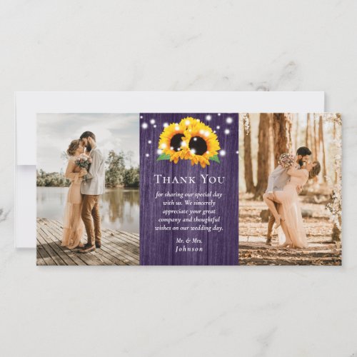 Rustic Purple Lace Sunflower Thank You Photo Card