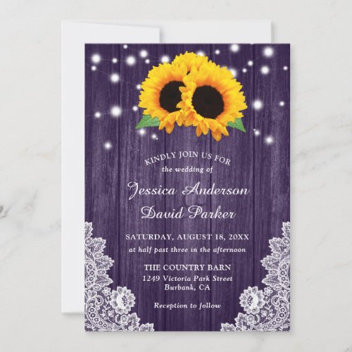 Rustic Purple Lace Sunflower Wedding Invitations
