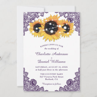 Rustic Purple Lace Yellow Sunflower Wedding Invitation