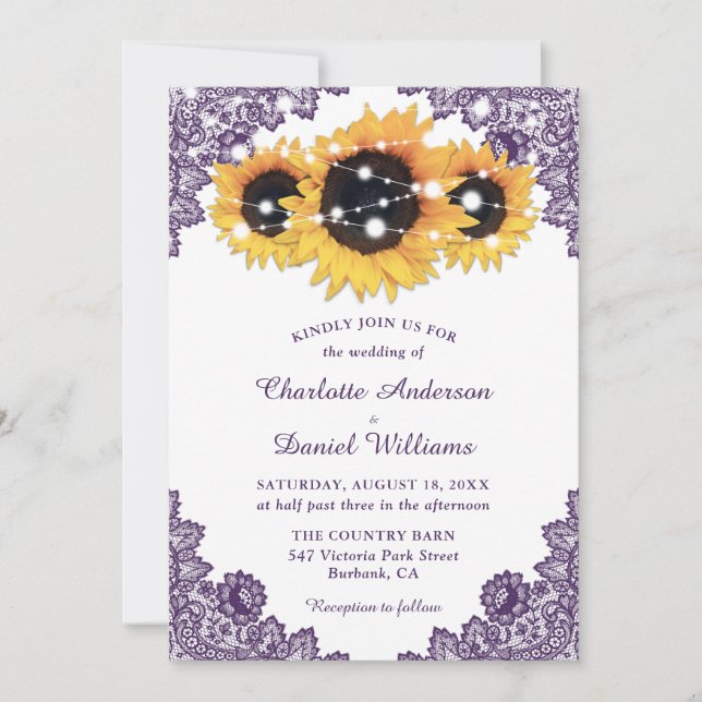 Rustic Purple Lace Yellow Sunflower Wedding Invitation (Front)