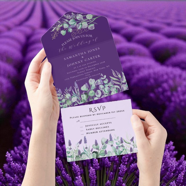 Rustic Purple Lavender and Eucalyptus RSVP Wedding All In One Invitation (Creator Uploaded)