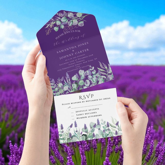 Rustic Purple Lavender and Eucalyptus RSVP Wedding All In One Invitation (Creator Uploaded)