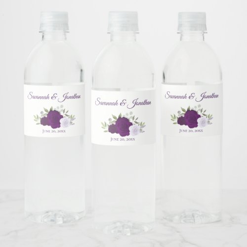 Rustic Purple  Lavender Roses Elegant Wedding Water Bottle Label