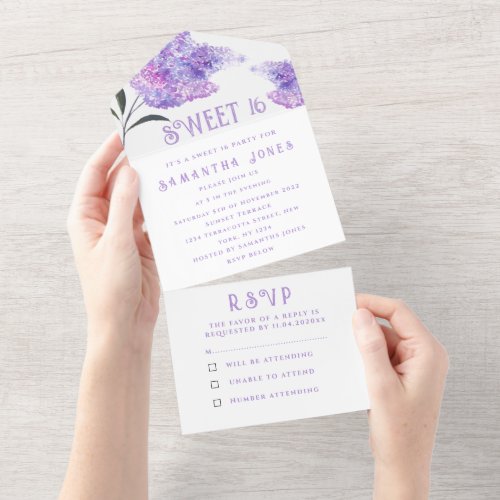 Rustic Purple Lilacs Sweet 16 Floral Sixteen All I All In One Invitation