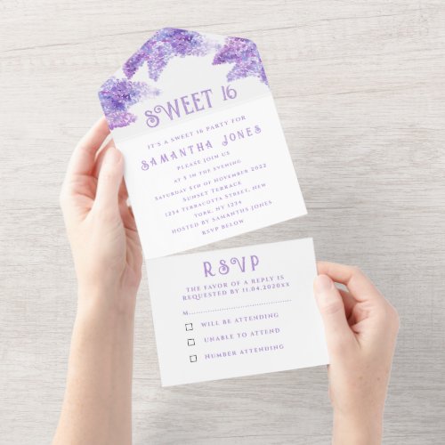 Rustic Purple Lilacs Sweet 16 Floral Sixteen All In One Invitation