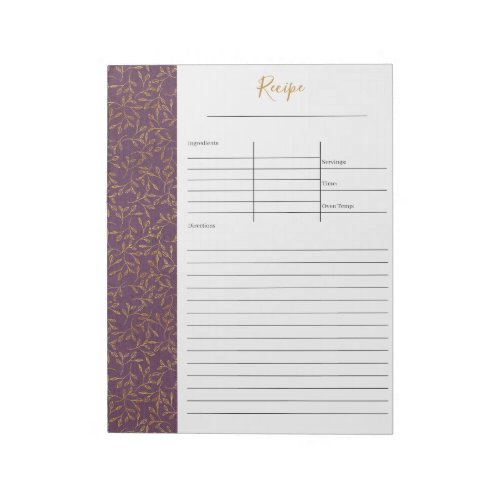 Rustic Purple Linen and Gold Leaf Blank Recipe Notepad