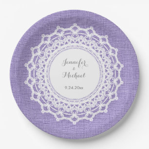 Rustic Purple Linen Look and White Lace Wedding Paper Plates