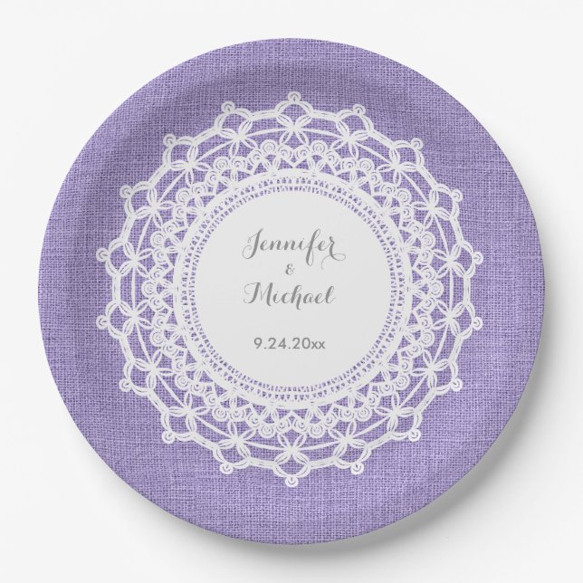Rustic Purple Linen Look and White Lace Wedding Paper Plates (Front)
